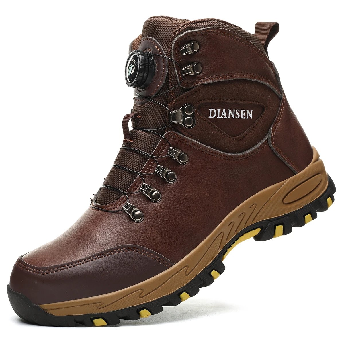 Chaussure sécurité orthopédique montante à bouton rotatif sur fond blanc