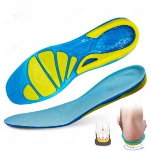 Lot de 2 semelles orthopédiques en gel jaunes et bleues sur fond blanc