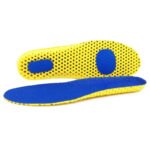 Semelle orthopédique amortissante jaune et bleue sur fond blanc
