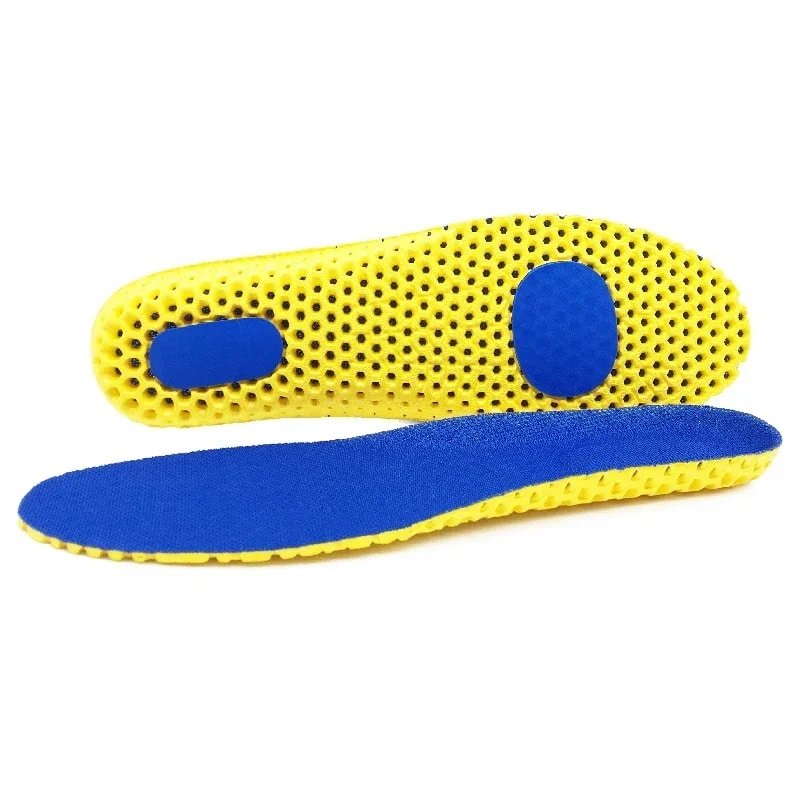 Semelle orthopédique amortissante jaune et bleue sur fond blanc