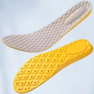 Semelle orthopédique pied creux jaune et souple sur fond gris